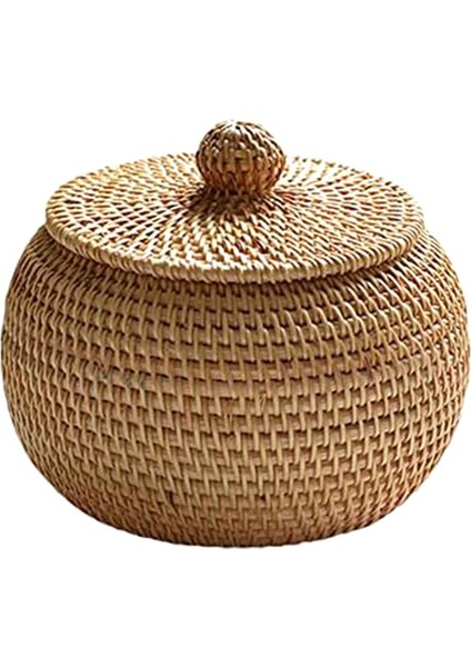Kapaklı Yuvarlak Rattan Kutu, El Dokuma Saklama Kutusu, Çok Işlevli Masaüstü Tepsi Saklama Sepeti Ev Dekorasyonu (Yurt Dışından)