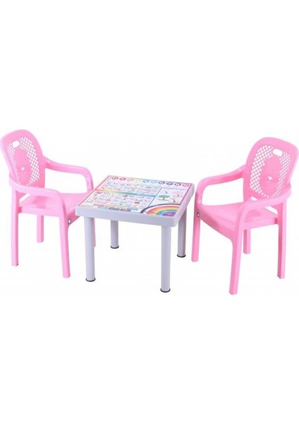 Plastik Mandella Rubi İngilizce Desenli Çocuk Masası 2 Adet Rubi Çocuk Koltuk Pembe