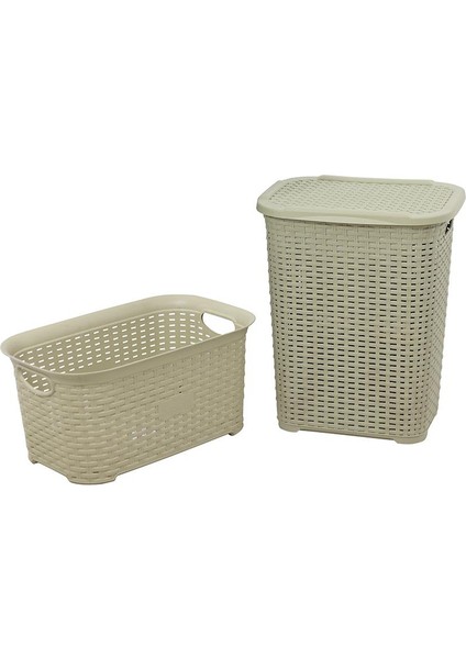 Plastik Rattan Hasır Görünümlü Kirli Çamaşır Sepeti- Çamaşır sepeti 2'li Set Çölbeji