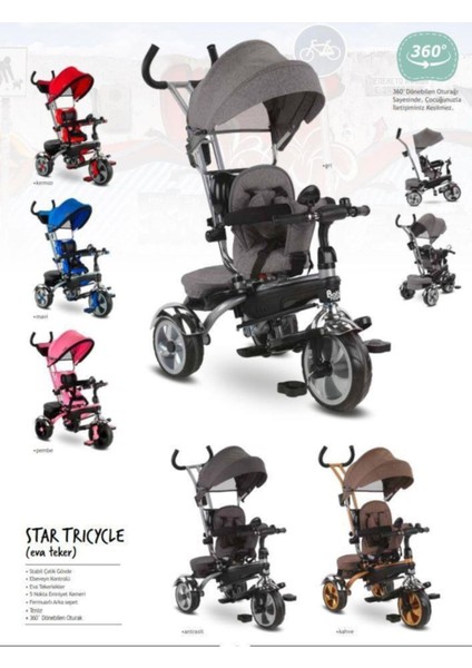 Star Üç Teker Bisiklet BH-9500 Kahve Ebeveyn Kontrollü Şişme Eva Tekerlekli Tricycle fiyatları