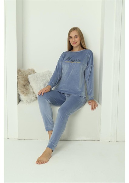 Kadın Kadife Mavi Pijama Takım 20624 modelleri
