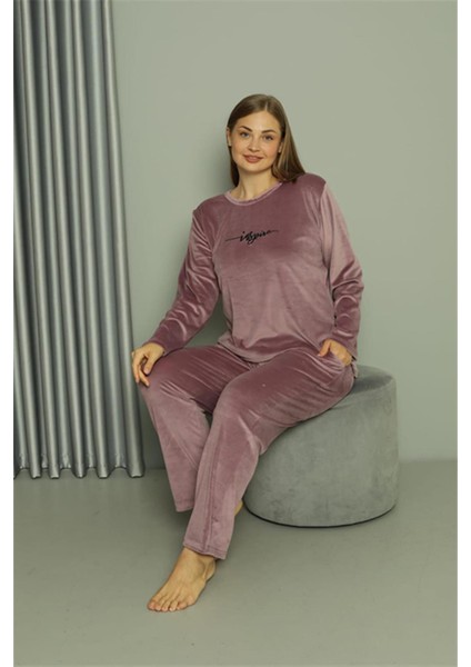 Büyük Beden Kadın Kadife Mor Pijama Takım 20628