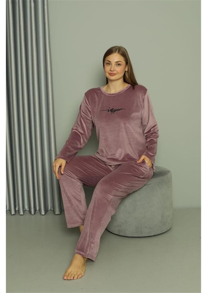 Büyük Beden Kadın Kadife Mor Pijama Takım 20628 fiyatları