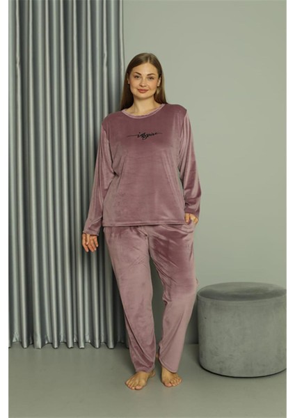 Büyük Beden Kadın Kadife Mor Pijama Takım 20628 modelleri