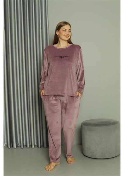 Büyük Beden Kadın Kadife Mor Pijama Takım 20628 fırsatları