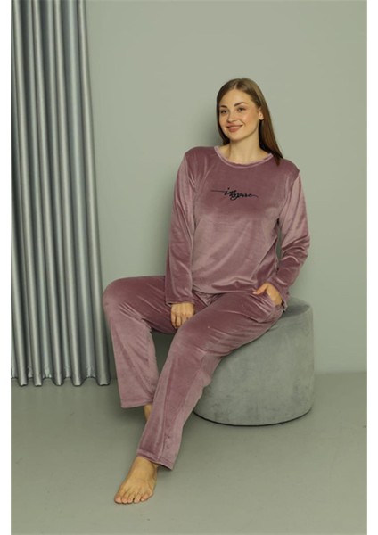 Büyük Beden Kadın Kadife Mor Pijama Takım 20628 indirimleri