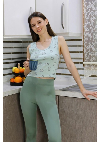 Kadın Crop Büstiyer Tayt Alt Üst Takım Su Yeşili modelleri