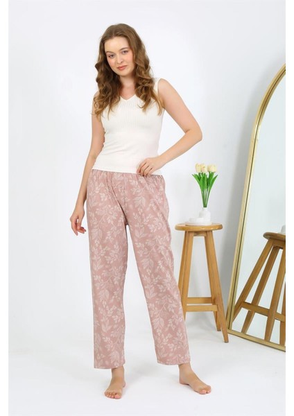 Kadın Penye Çiçek Desenli Tek Alt Pijama Pudra