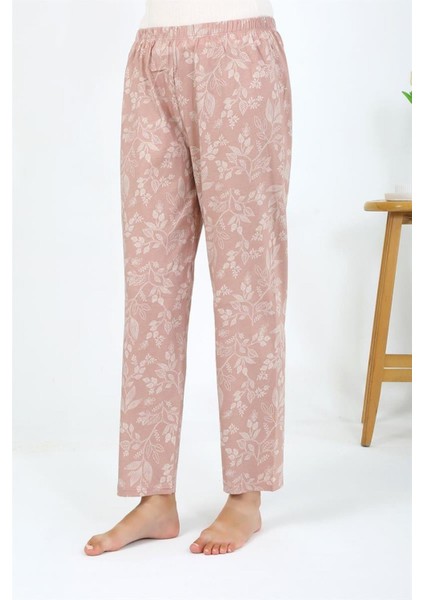 Kadın Penye Çiçek Desenli Tek Alt Pijama Pudra fırsatları