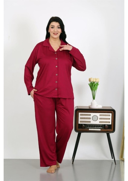 Kadın Büyük Beden Pamuklu Cepli Düğmeli Vişne Pijama Takım