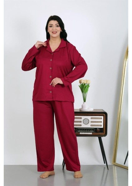 Kadın Büyük Beden Pamuklu Cepli Düğmeli Vişne Pijama Takım fiyatları