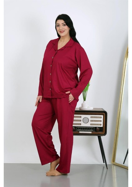 Kadın Büyük Beden Pamuklu Cepli Düğmeli Vişne Pijama Takım modelleri