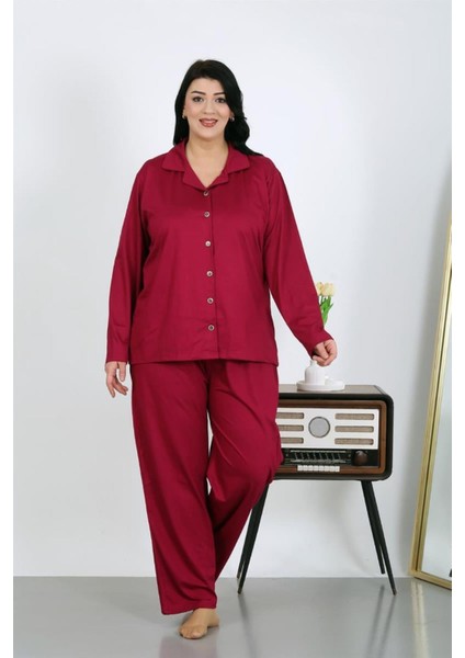 Kadın Büyük Beden Pamuklu Cepli Düğmeli Vişne Pijama Takım fırsatları