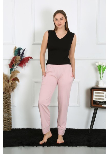 Kadın Pamuk Penye Cepli Tek Alt Pijama Pudra 27512
