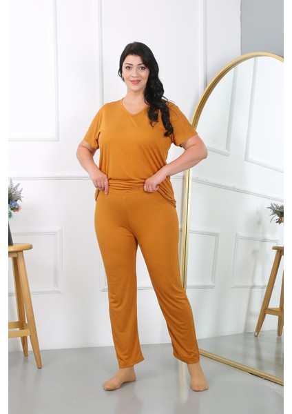 Kadın Büyük Beden Kısa Kol Penye Pijama Takımı Hardal 202405 indirimleri