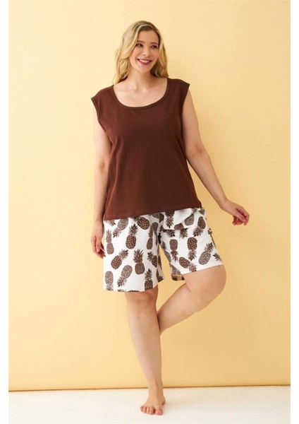 Kadın Kahverengi Ananas Desenli Şortlu Büyük Beden Pijama Takımı fiyatları