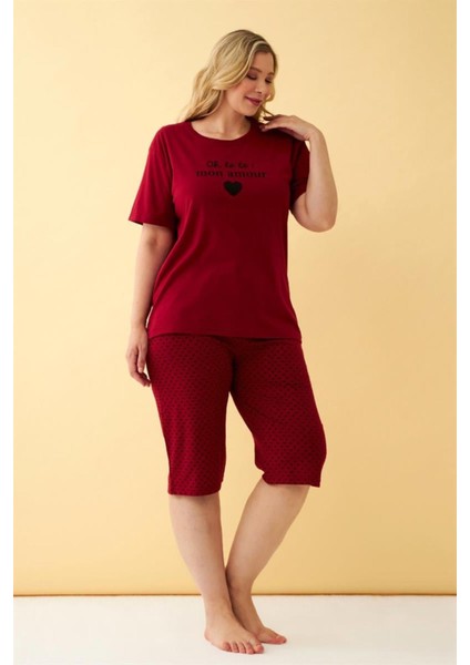 Kadın Bordo Kalp Desenli Büyük Beden Kapri Pijama Takımı