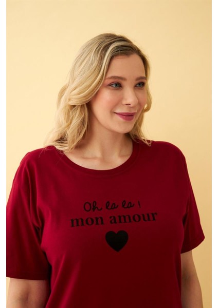 Kadın Bordo Kalp Desenli Büyük Beden Kapri Pijama Takımı modelleri