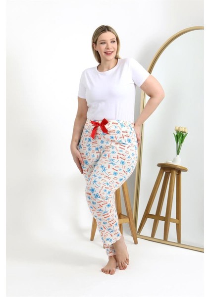 Kadın Pamuklu Büyük Beden Alt Pijama Ekru