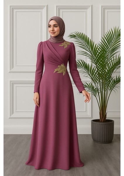 Tesettür Gold Aplikeli Kloş Kesim Krep Elbise 2812