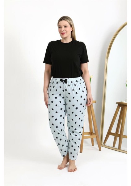 Kadın Pamuklu Büyük Beden Alt Pijama Buz Mavisi
