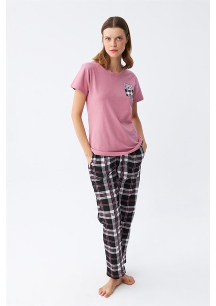 Kadın Somon Ayıcık Baskılı Ekoseli Penye Pijama Takımı fırsatları