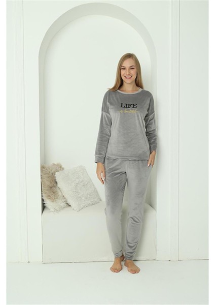 Kadın Kadife Gri Pijama Takım 20624 indirimleri