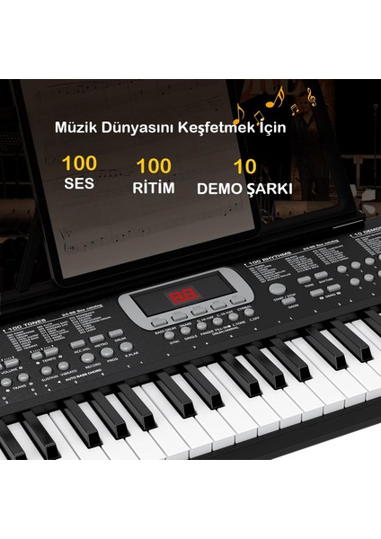 Piyano 61 Tuşlu 5 Oktav Org 100 SES+100 Ritim Eğitim Için Mikrofon+ Nota Standı+Taşıma Çatası Hediye