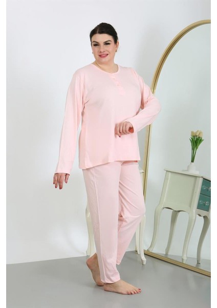 Kadın Büyük Beden Uzun Kol Penye Pijama Takımı Pembe