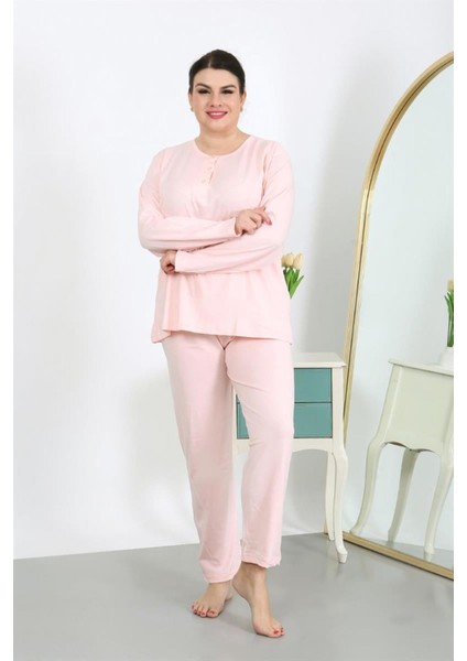 Kadın Büyük Beden Uzun Kol Penye Pijama Takımı Pembe fırsatları