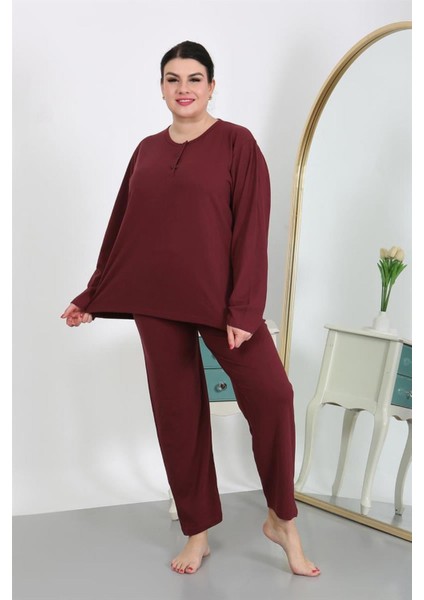 Kadın Büyük Beden Uzun Kol Penye Pijama Takımı Bordo