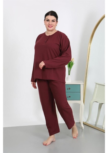 Kadın Büyük Beden Uzun Kol Penye Pijama Takımı Bordo fiyatları