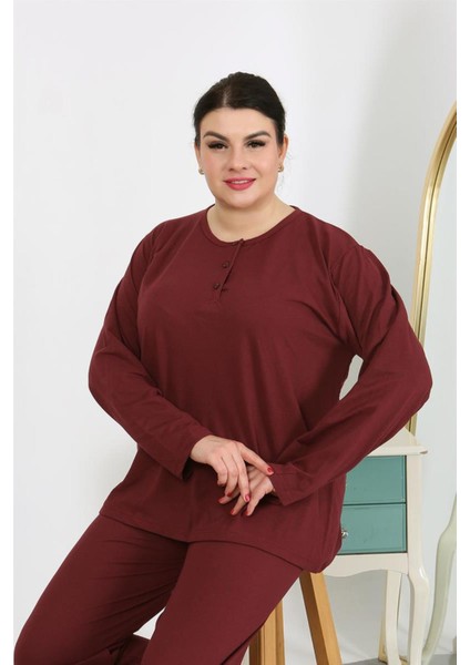 Kadın Büyük Beden Uzun Kol Penye Pijama Takımı Bordo fırsatları