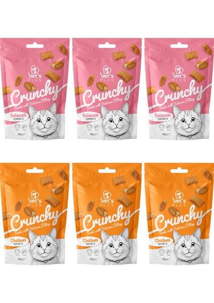 Crunchy Karışık Kedi Ödül Maması 60GR (6 Adet) - Somonlu ve Tavuklu Içi Dolgulu Dışı Çıtır Kedi Ödül