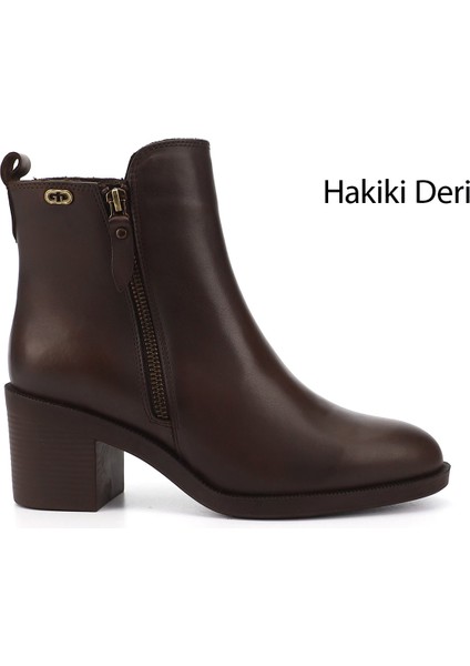 Kadın Kahverengi Fermuarlı Kalın Topuklu Hakiki Deri Bot