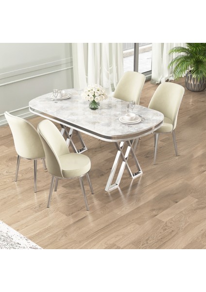 Lai Serisi 90X168 Lak Panel Rampla Gri Masa ve 4 Krem Sandalye Krom Ayak