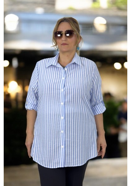 Çizgili Desenli Katlanır Kol Detaylı Gofre Kumaş Büyük Beden Gömlek