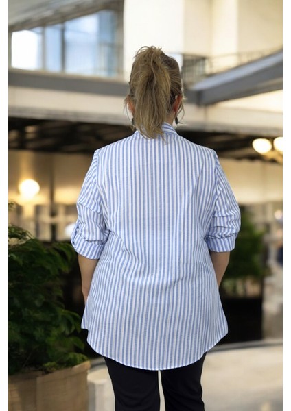 Çizgili Desenli Katlanır Kol Detaylı Gofre Kumaş Büyük Beden Gömlek fiyatları