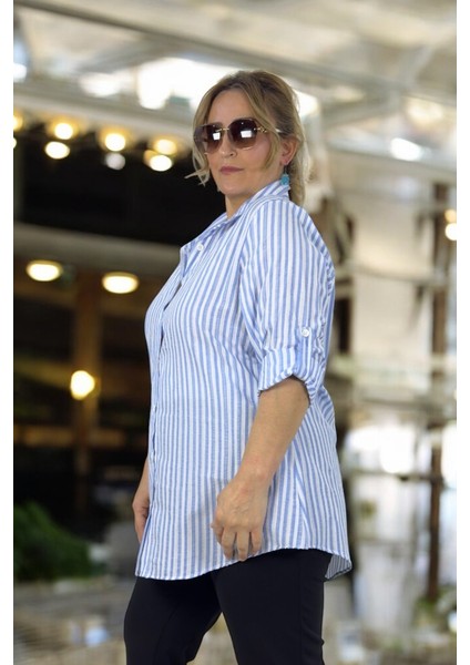 Çizgili Desenli Katlanır Kol Detaylı Gofre Kumaş Büyük Beden Gömlek modelleri