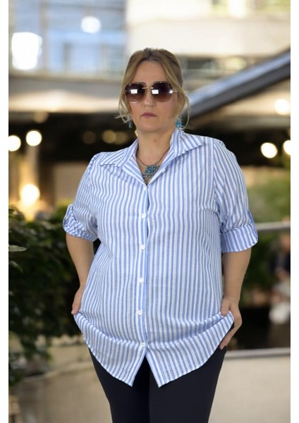 Çizgili Desenli Katlanır Kol Detaylı Gofre Kumaş Büyük Beden Gömlek fırsatları