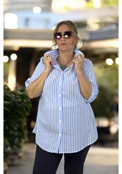 Çizgili Desenli Katlanır Kol Detaylı Gofre Kumaş Büyük Beden Gömlek indirimleri