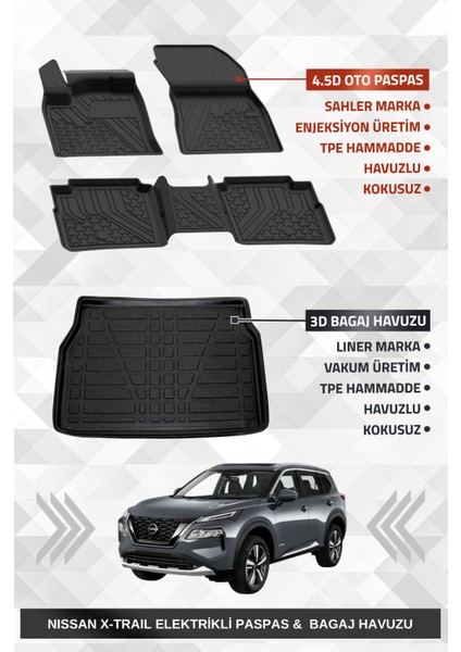 Nissan X-Trail Elektrikli 2022+ Uyumlu 4.5d Premium Havuzlu Oto Paspas ve Liner Marka 3D Bagaj Havuzu