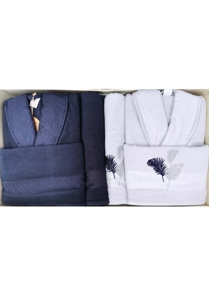 Pamuklu 6 Parça Aile Bornoz Seti-Golden Palm Lacivert Gümüş