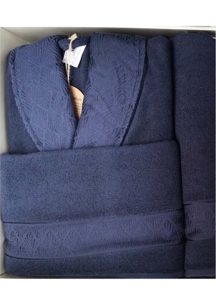 Pamuklu 6 Parça Aile Bornoz Seti-Golden Palm Lacivert Gümüş fiyatları