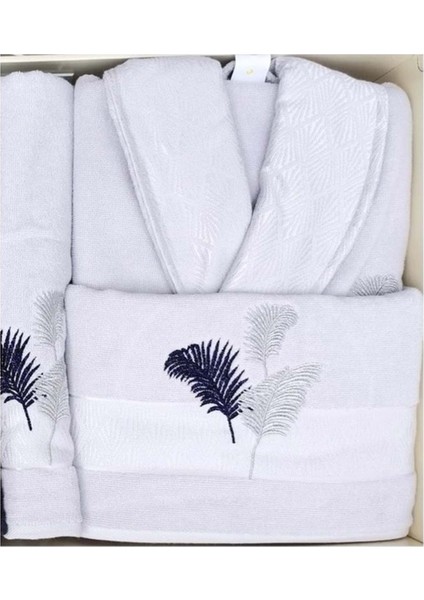 Pamuklu 6 Parça Aile Bornoz Seti-Golden Palm Lacivert Gümüş modelleri