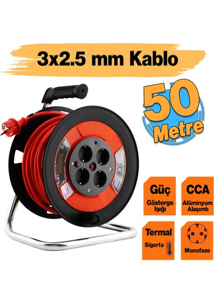 Plastik Makaralı Monofaze Uzatma Kablosu 3x2.5 mm 50 Metre Seyyar Cca Alüminyum Alaşım Kablo 4 Priz