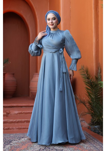 - Bağlama Detaylı Indigo Mavisi Tesettür Abiye Elbise 48051IM