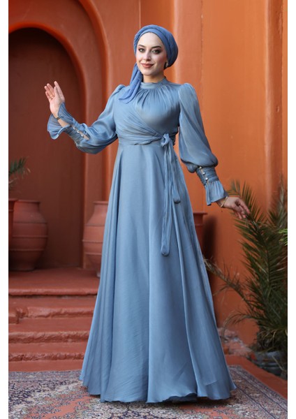 - Bağlama Detaylı Indigo Mavisi Tesettür Abiye Elbise 48051IM fiyatları