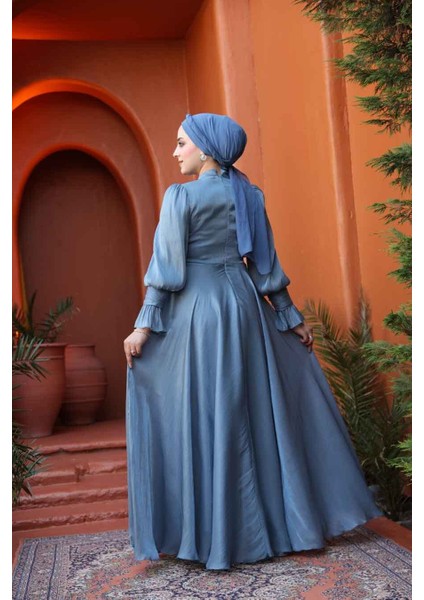 - Bağlama Detaylı Indigo Mavisi Tesettür Abiye Elbise 48051IM modelleri