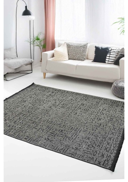 Claire Saçaklı Dokuma Taban Pamuklu Yıkanabilir Gri Salon Halısı Kilim Mutfak Halısı Yolluk
